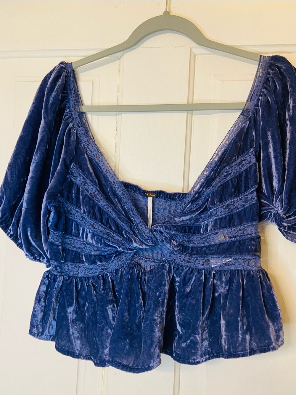 Free People Deep Blue Velvet Twist Peplum Top